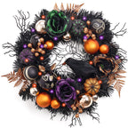 Valery Madelyn 18 Inch Halloween Wreath with Lights for Front Door, Collapsible Pre-Lit Wreath with Fake Crow Pumpkin Halloween Decorations for Home Wall Decor