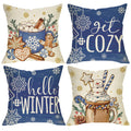 Fjfz Hello Winter Dark Blue Decorative Throw Pillow Covers 18 x 18 Set of 4, Christmas Get Cozy Hot Cocoa Gingerbread Man Porch Outdoor Home Decor, Snowflakes Snowman Seasonal Couch Cushion Case