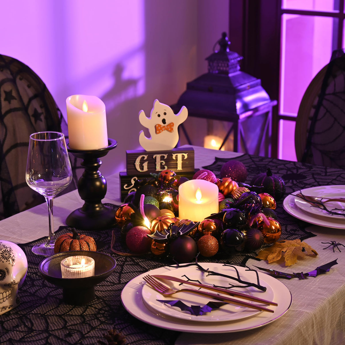 Valery Madelyn Halloween Decorations Indoor for Home, Pre-Lit Pumpkin Ball Wreath with 60ct Shatterproof Treat-or-Trick Ornaments for Centerpiece Wall Front Door, 11.9 Inch