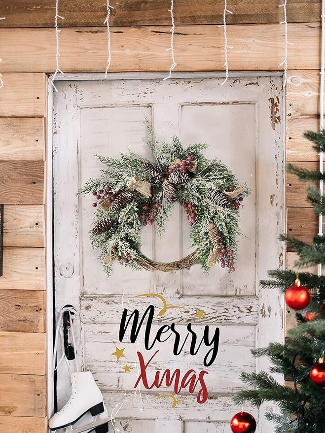 Artificial Christmas Door Wreath, Christmas Wreaths for Front Door, Window Wreaths with Pine Cone, Red Berries, Burlap Ribbon & Snowflake, Holiday Indoor/Outdoor Wreath Decorations, 23 inch