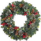 FR Artificial Pre-Lit Fir Christmas Wreath Holiday Accent Decoration, Wintry Pine, Decorated with Pine Cones Berry Clusters, with LED Lights Battery Operated for Door, Mantel - 16 Inch