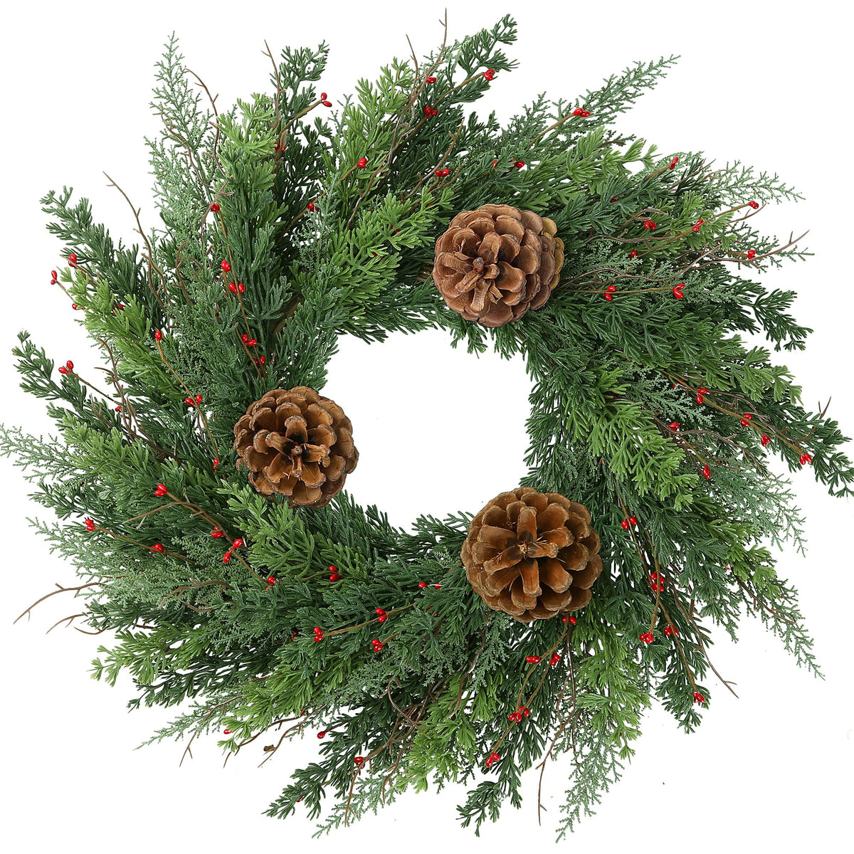 22’’ Real Touch Norfolk Pine Wreath Artificial Christmas Green Cedar Wreath for Front Door with Pinecones Christmas Decorations for Winter Farmhouse Wall Indoor Outdoor Home Holiday Xmas Decor