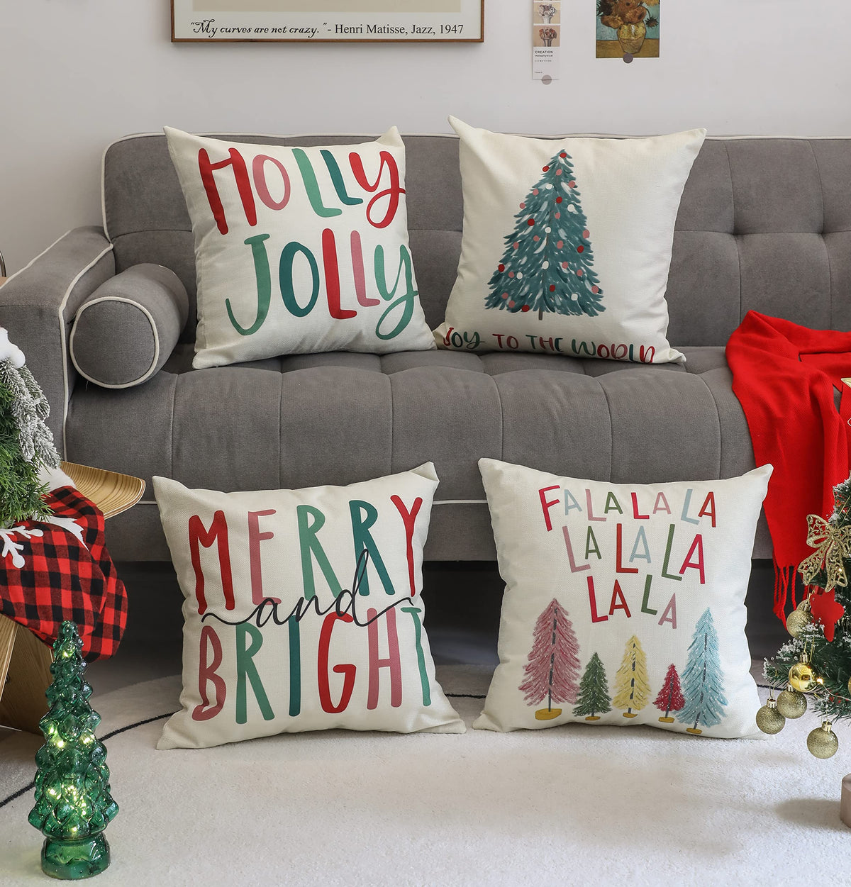 NEWLIGHTURE Merry Bright Christmas Pillow Covers Colorful Holiday Holly Jolly Set of 4 Winter Decorative Throw Pillow Covers Cushion Case for Home Sofa Bed Chair (18" L x 18" W)
