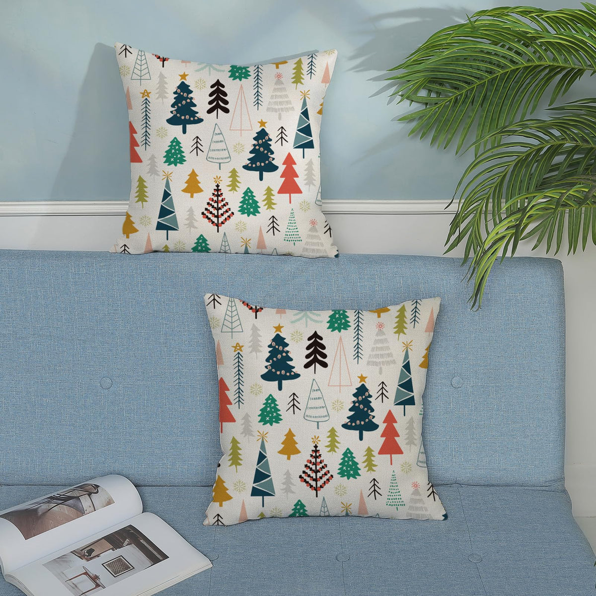 JEFERSO Christmas Pillow Covers 18x18 Set of 2 Colorful Geometric Christmas Tree Throw Pillows Winter Snowflake Pillowcase Outdoor Holiday Decor Cushion Covers Christmas Decorations for Home Couch