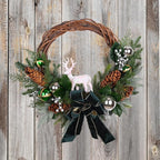 28" Lighted Christmas Wreath for Front Door, Handmade with Pinecones Ornaments Deer Bow, Christmas Wreath Decoration for Home Door Porch Wall Indoor Outdoor