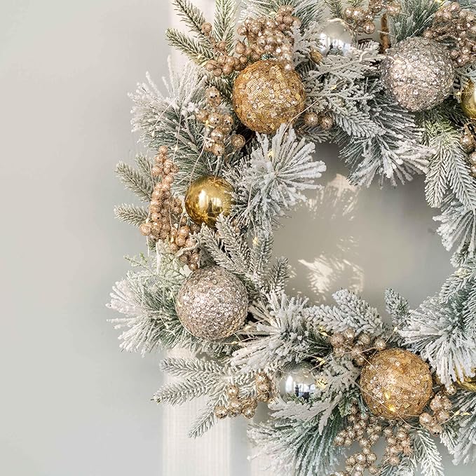 YULETIME 24" Christmas Wreath, Artificial Holiday Wreath with Baubles, Berries, Leaves, Spruce Branches, Snowy Pine Needles (Gold Bauble)