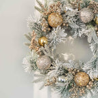 YULETIME 24" Christmas Wreath, Artificial Holiday Wreath with Baubles, Berries, Leaves, Spruce Branches, Snowy Pine Needles (Gold Bauble)