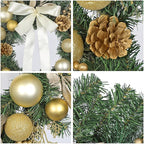 24 inch Christmas Door Wreath, Large Pine Wreaths for Front Door with Champagne Bow Golden Ball Glittered Leaf Spray Stems Pinecones for Fireplace Xmas Decorations, Wall Window Indoor Outdoor Decor