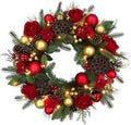 BIG 25" D Pre-lit Christmas Artificial Rose Pine Wreath w Natural Grapevine Base Lotus Seedpod (35 LED Lights, 8 Flash Options) for Xmas Decor at Shop Home Front Door Living Room Wall Window (Battery)