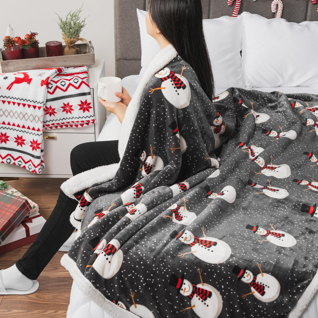 PAVILIA Premium Christmas Sherpa Throw Blanket, 50x60, Grey Snowman Cozy Fleece Holiday Blanket, Reversible Plush Winter Throw for Couch & Bed, Ultra Soft Warm