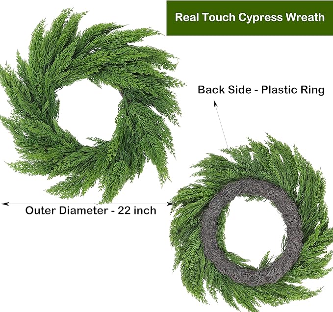 22" Real Touch Cypress Pine Wreath Christmas Wreath for Doors Walls Windows Porches Outdoor Indoor Christmas Decorations Xmas Decor