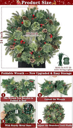 24 Inch Foldable Christmas Wreaths for Front Door, Lighted Christmas Wreath with Pinecones Berried 50 Warm White & Multicolor Lights 8 Modes Timer Norfolk Pine Wreath Xmas Wreaths for Door Wall Window