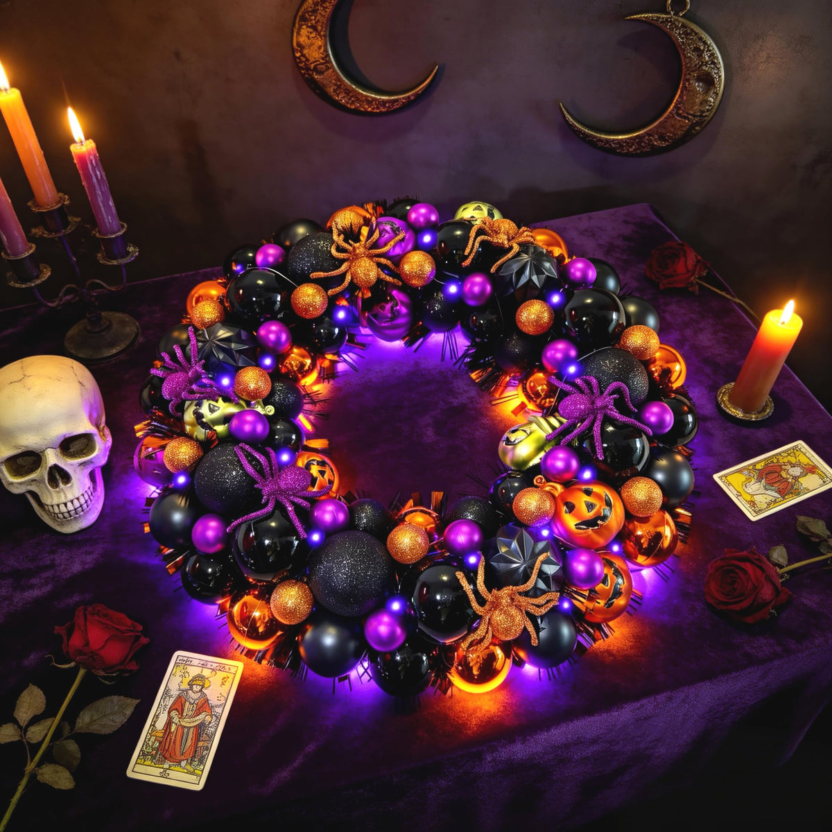 HipTree 17 Inch Halloween Ball Wreath for Front Door with Lights, Lighted Cute Treat-or-Trick Door Wreath Ball Ornament for Halloween Indoor Decorations Centerpiece Party Holiday Wall Home Decor