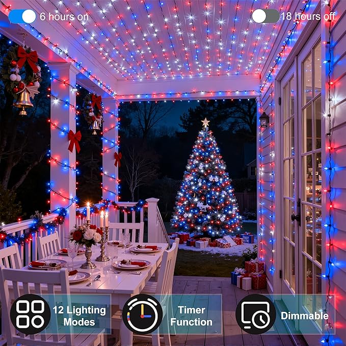 750LED Christmas Lights Outdoor Use, 240ft 12 Modes Red Blue and White LED String Lights with Timer Dimmable, Waterproof Christmas Tree Lights for Xmas Patio Yard Fence Balcony Garden Decor