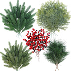 Winlyn 65 Pcs Artificial Pine Branches and Red Berries Stems Christmas Greenery Stems Cedar Picks for Christmas Tree Wreath Winter Wedding Holiday Floral Arrangement Table Centerpiece DIY Crafts