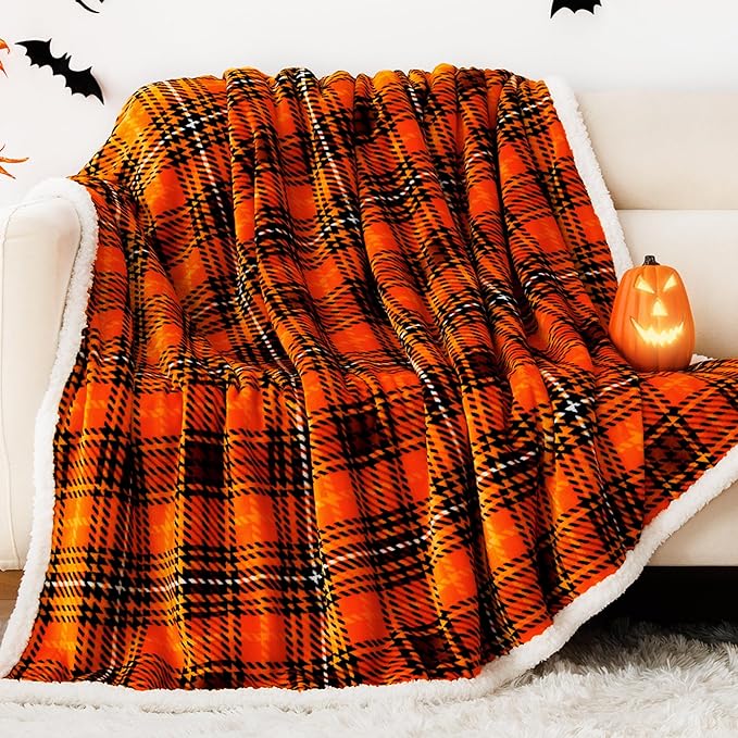 Touchat Sherpa Halloween Plaid Throw Blanket(60" X 70", Plaid Orange), Fuzzy Fluffy Cozy Soft Blanket, Fleece Flannel Plush Twin Size Microfiber Blanket for Couch Bed Sofa