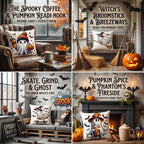 Fall Halloween Thanksgiving Pillow Covers 18x18 Set of 4, Faux Linen Polyester Decorative Throw Pillow Cases for Harvest Home Sofa Couch Bed Decor (CuteGhost)