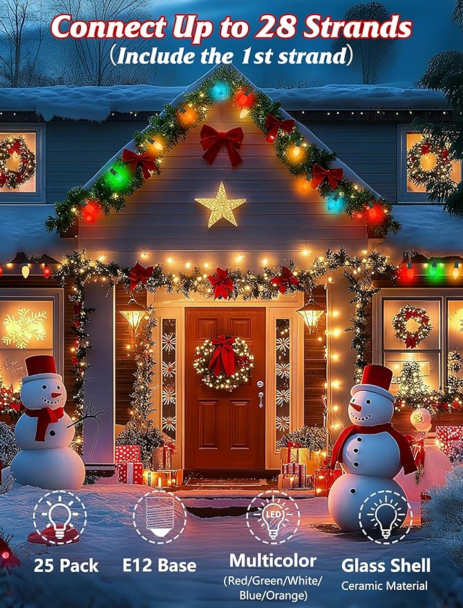 C7 LED Multicolor Christmas Lights 25Ft Outdoor Vintage String Lights with 27 Multicolor LED Bulbs, Connectable Xmas Tree Lights for Xmas Backyard Carnival Patio Wedding Holiday Decoration