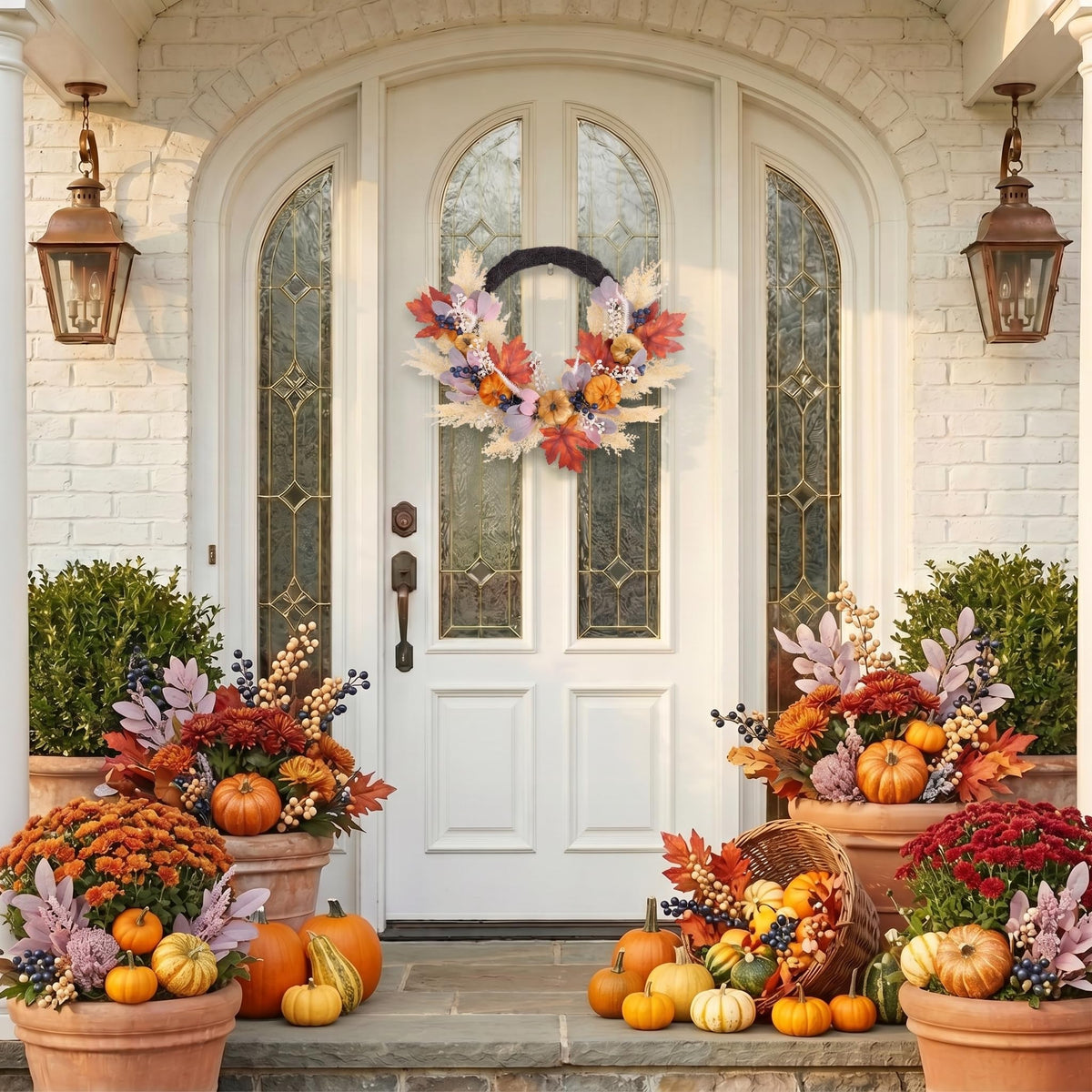 Valery Madelyn 24" Collapsible Pumpkin Wreaths for Front Door,Fall Wreath with LED Lights Artificial Maple Leaves Pampas Grass for Autumn Decor,Harvest Decorations for Home Wall Thanksgiving Decor