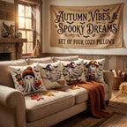 Fall Halloween Thanksgiving Pillow Covers 18x18 Set of 4, Faux Linen Polyester Decorative Throw Pillow Cases for Harvest Home Sofa Couch Bed Decor (CuteGhost)