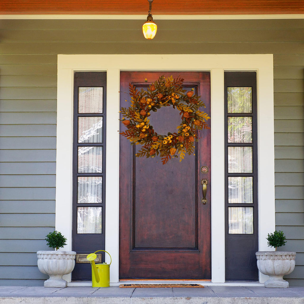 WreathDream 20 inch Fall Wreath Autumn Oak Leaves Wreath with Cape Gooseberry,Oak Leaf,Acorn,Berry,Pine Cone for Front Door Farmhouse Indoor Outdoor Festival Home Decor