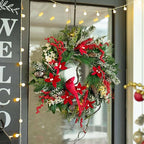 Christmas Wreath with Lights, Soomeir 24 Inch Lighted Christmas Wreaths for Front Door with Pine Needles and Berries, Large Prelit Wreath for Holiday Winter Window Outdoor Indoor Xmas