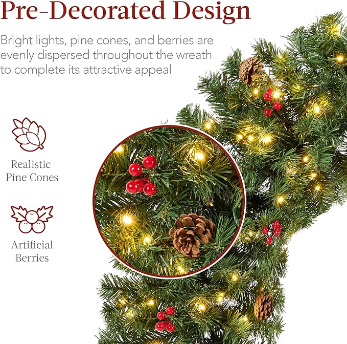 Best Choice Products 48in Pre-Lit Christmas Wreath w/Berries & Pinecones, Large Artificial Indoor/Outdoor Decor for Door, Mantel w/Red Bow, Plug-in