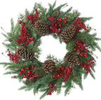 22’’ Artificial Christmas Wreath Norfolk Pine Wreath for Front Door with Pine Needles Red Berries Big Pinecones Christmas Decorations for Winter Farmhouse Wall Indoor Outdoor Home Holiday Xmas Decor