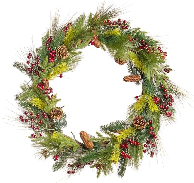 Red Co. 30” Light-Up Christmas Wreath with Pinecones & Evergreens, Battery-Operated LED Lights with Timer