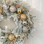 YULETIME 24" Christmas Wreath, Artificial Holiday Wreath with Baubles, Berries, Leaves, Spruce Branches, Snowy Pine Needles (Gold Bauble)