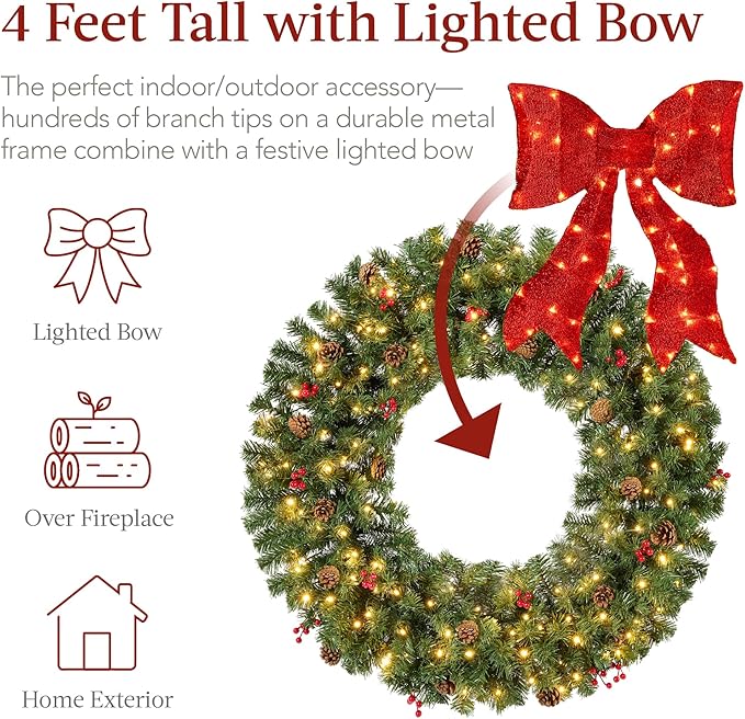 Best Choice Products 48in Pre-Lit Christmas Wreath w/Berries & Pinecones, Large Artificial Indoor/Outdoor Decor for Door, Mantel w/Red Bow, Plug-in