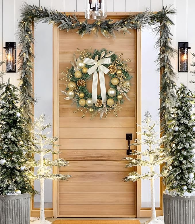 24 inch Christmas Door Wreath, Large Pine Wreaths for Front Door with Champagne Bow Golden Ball Glittered Leaf Spray Stems Pinecones for Fireplace Xmas Decorations, Wall Window Indoor Outdoor Decor