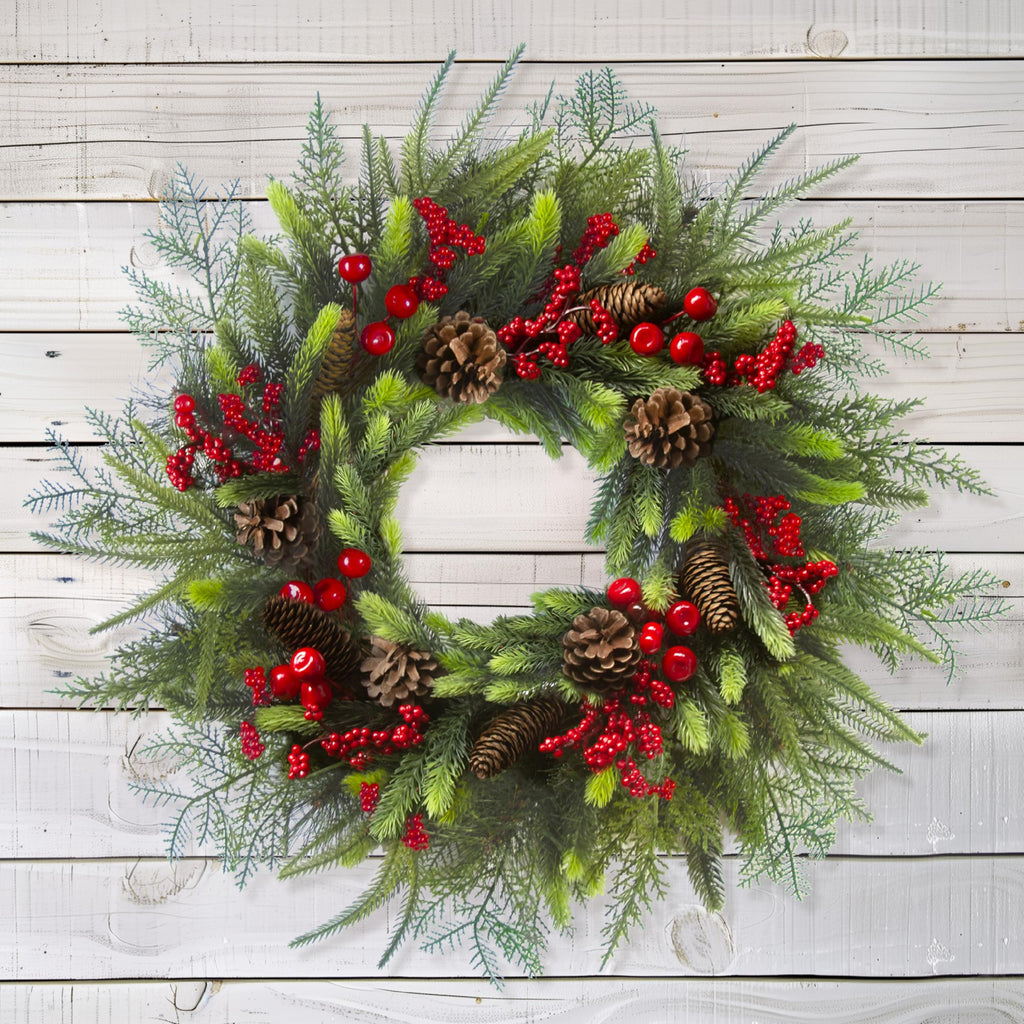 24 Inch Christmas Wreath with Red Berries, Pinecones and Greenery – Artificial Holiday Front Door Cedar Wreath for Farmhouse, Winter Indoor Outdoor Xmas Home Décor