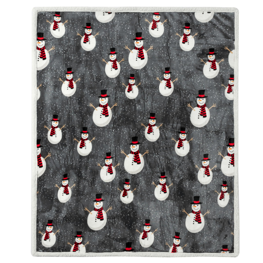 PAVILIA Premium Christmas Sherpa Throw Blanket, 50x60, Grey Snowman Cozy Fleece Holiday Blanket, Reversible Plush Winter Throw for Couch & Bed, Ultra Soft Warm
