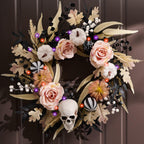 Valery Madelyn 18 Inch Halloween Wreath for Front Door with Lights, Pre-Lit Fall White Pumpkin Skull Wreath Pink Roses Halloween Decorations for Home Porch Table Centerpiece Party Holiday Autumn Decor
