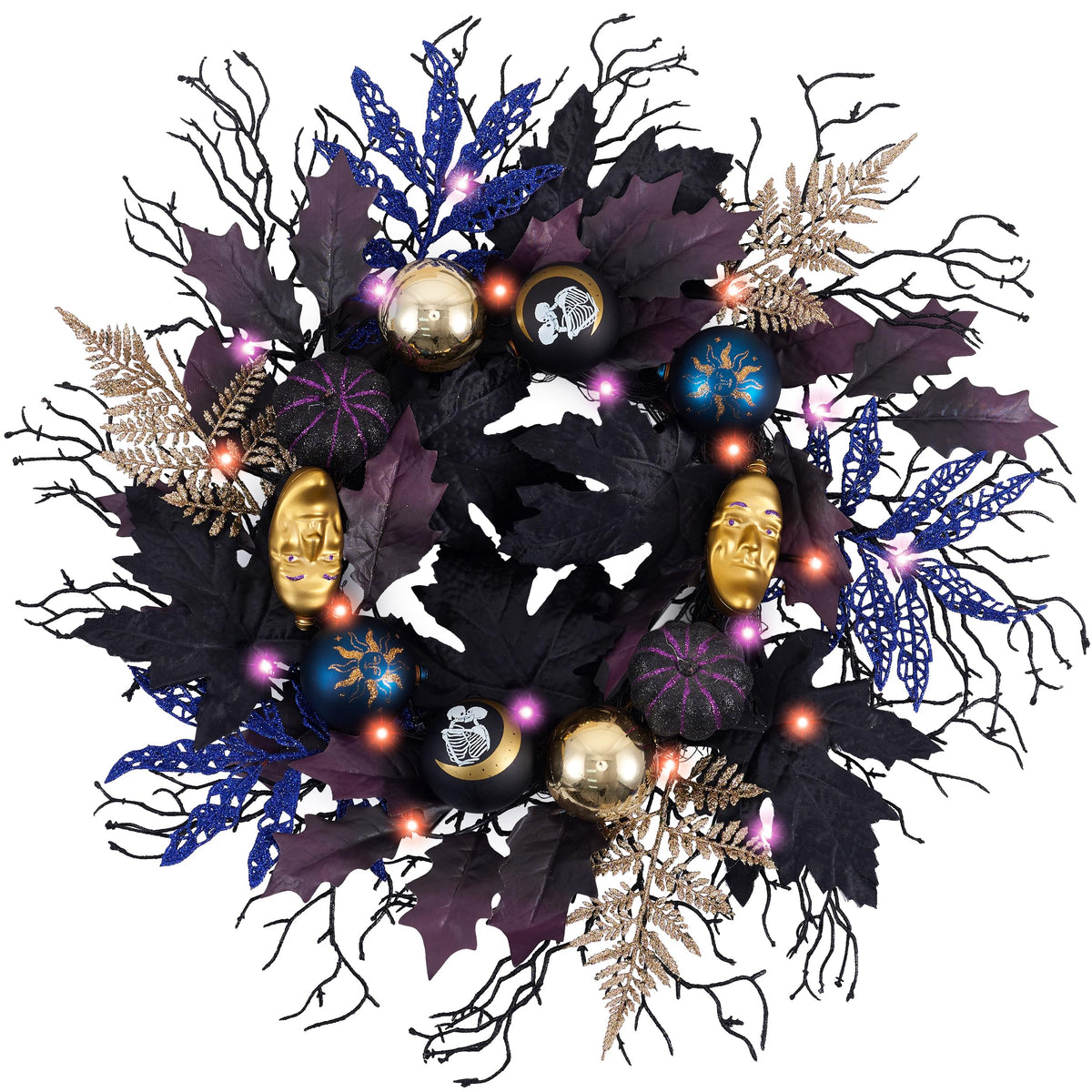 DecorbyHannah Pre-lit Halloween Wreath for Front Door, 18 Inch Light Up Black Witch Pumpkins Wreath with Lights，Maple Leaves, Moon, Ball Ornaments and Timer for Mantel Porch Wall Indoor Outdoor Decor