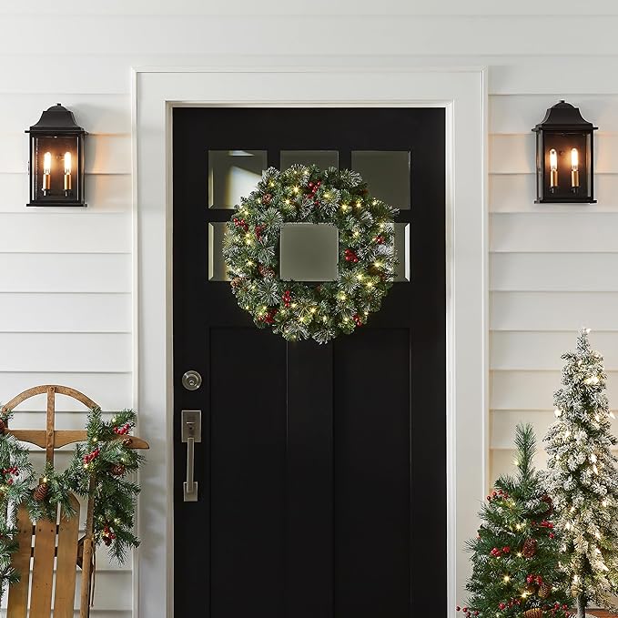 National Tree Company Pre-Lit Artificial Christmas Wreath, Green, Crestwood Spruce, White Lights, Decorated with Pine Cones, Berry Clusters, Frosted Branches, Christmas Collection, 24 Inches