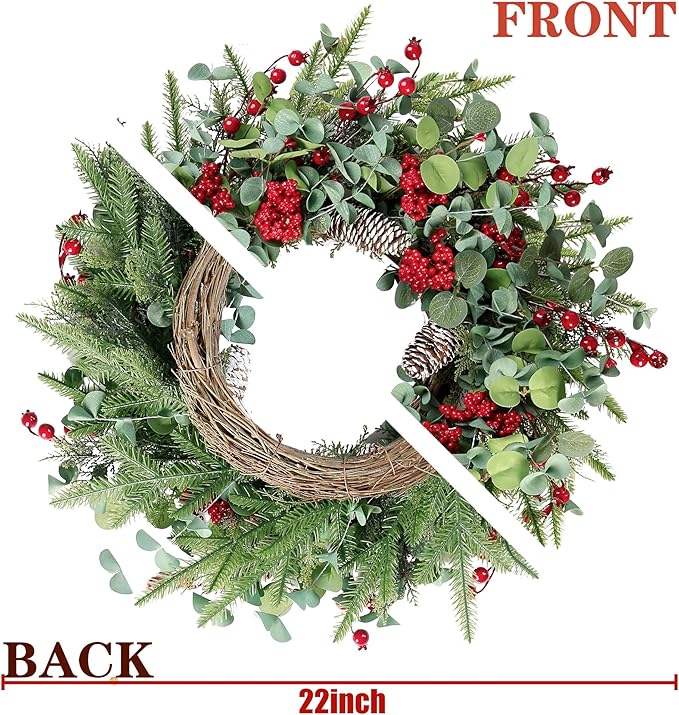 Sggvecsy 22 Inch Artificial Christmas Wreath for Front Door Xmas Red Berry Wreath with Pine Needles Pine Cones Eucalyptus Leaves Christmas Decorations for Winter Wall Outdoor Home Holiday Xmas Decor