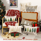 Lewondr Christmas Pillow Cover, 12x20 Inch 1PCS Soft Canvas Embroidery Trees Brown White Decorative Pillow Cover with Tassel Luxury Throw Pillow Case for Bed Home Decor Living Room, Beige