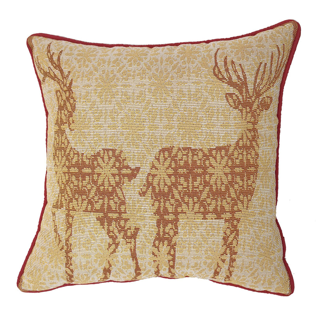 Christmas Tapestry Throw Pillow Cover 16x16 Inch - Festive Woven Jacquard Reindeer Cushion Case - Red Piping, Hidden Zipper - Decorative Holiday Home Decor for Sofa/Couch
