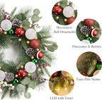 Valery Madelyn 20'' Pre-Lit Christmas Wreath for Front Door with Light, Lighted Christmas Door Wreath with Red Green White Xmas Ball Norfolk Pine Branch for Home Porch Fireplace Window Holiday Decor