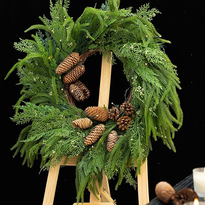 24 Inch Real Touch Norfolk Pine Wreaths for Front Door, Soomeir Artificial Christmas Wreath Green Faux Pine Wreath for Wall Windows Mantle Outdoor Christmas Decoration