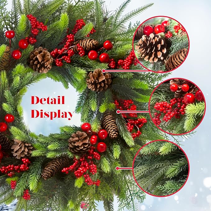 24 Inch Christmas Wreath with Red Berries, Pinecones and Greenery – Artificial Holiday Front Door Cedar Wreath for Farmhouse, Winter Indoor Outdoor Xmas Home Décor