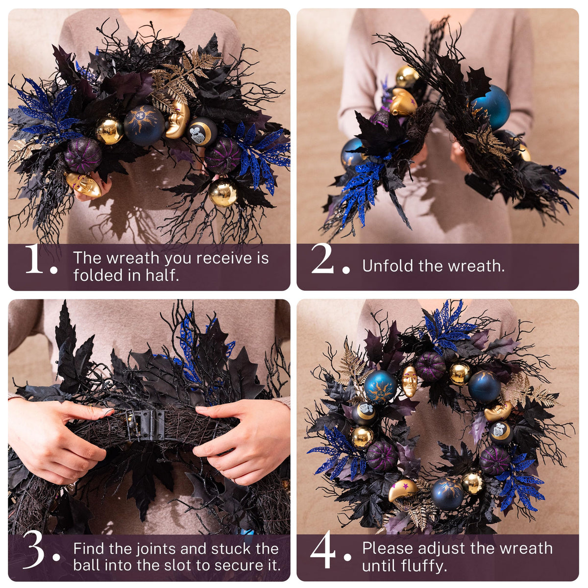 DecorbyHannahHalloween Wreath for Front Door, 24 Inch Collapsible Pre-lit Black Witch Pumpkins Wreath with Lights，Maple Leaves, Moon,Ball Ornaments and Timer for mantle Porch Wall Indoor Outdoor Decor