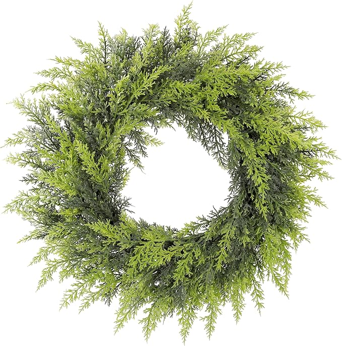 Real Touch Artificial Cedar Wreath 24" Fake Christmas Wreaths for Front Door Faux Pine Greenery Wreaths for Home,Window,Table,Mantle,Wall,Indoor,Outdoor Xmas Decorations
