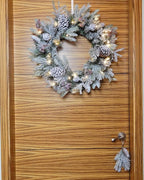 Large 28" D Pre-lit Christmas Snowy Artificial Pine Wreath w Super Big Pinecones, Succulents (35 LED Lights, 8 Flash Options) for Xmas Decor at Shop Home Front Door Living Room Wall Window (Battery)