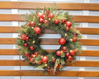 BIG 26" D Pre-lit Christmas Ornament Artificial Pine Wreath w 33 Red Balls Real Grapevine Base (35 LED Lights, 8 Flash Options) for Xmas Decor at Shop Home Front Door Living Room Wall Window (Battery)