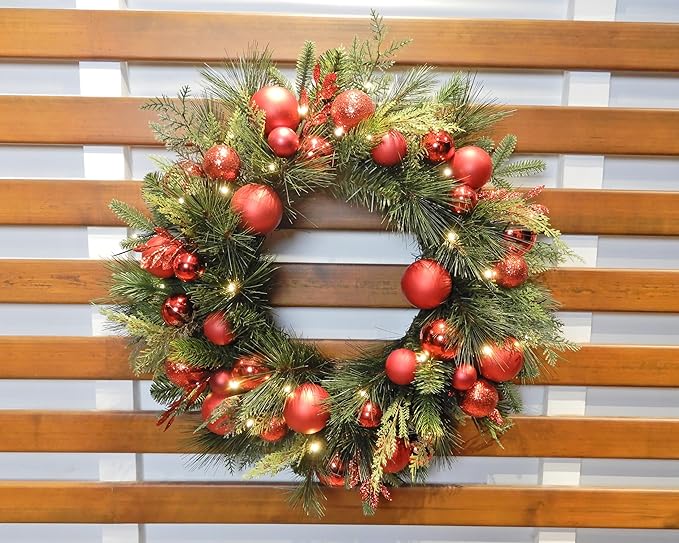 BIG 26" D Pre-lit Christmas Ornament Artificial Pine Wreath w 33 Red Balls Real Grapevine Base (35 LED Lights, 8 Flash Options) for Xmas Decor at Shop Home Front Door Living Room Wall Window (Battery)