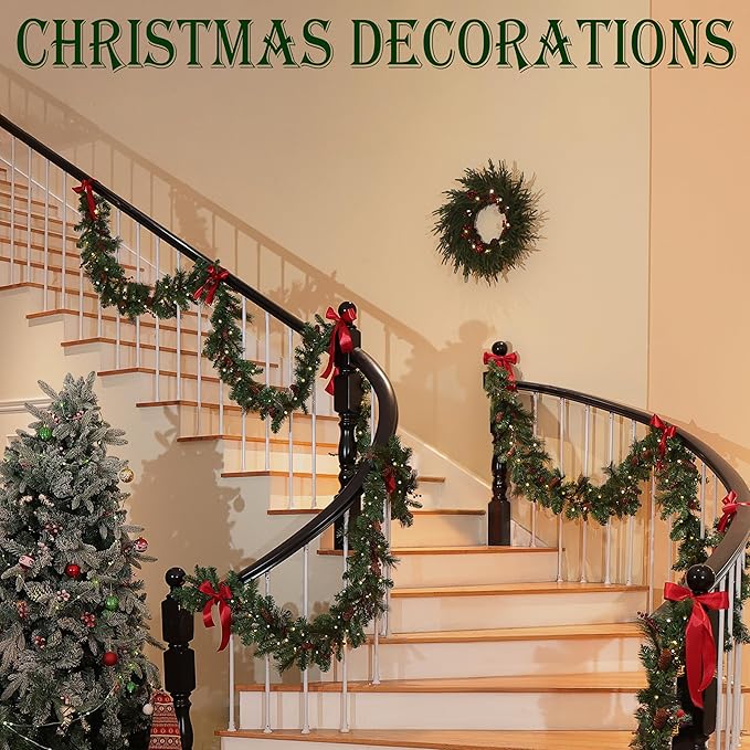 24" Artificial Christmas Wreath -Real Touch Norfolk Pine Wreath for Door,Wall,Windows,Indoor Outdoor -Christmas Wreaths for Front Door-Christmas Decorations-Holiday Decor-Free Battery LED Lights