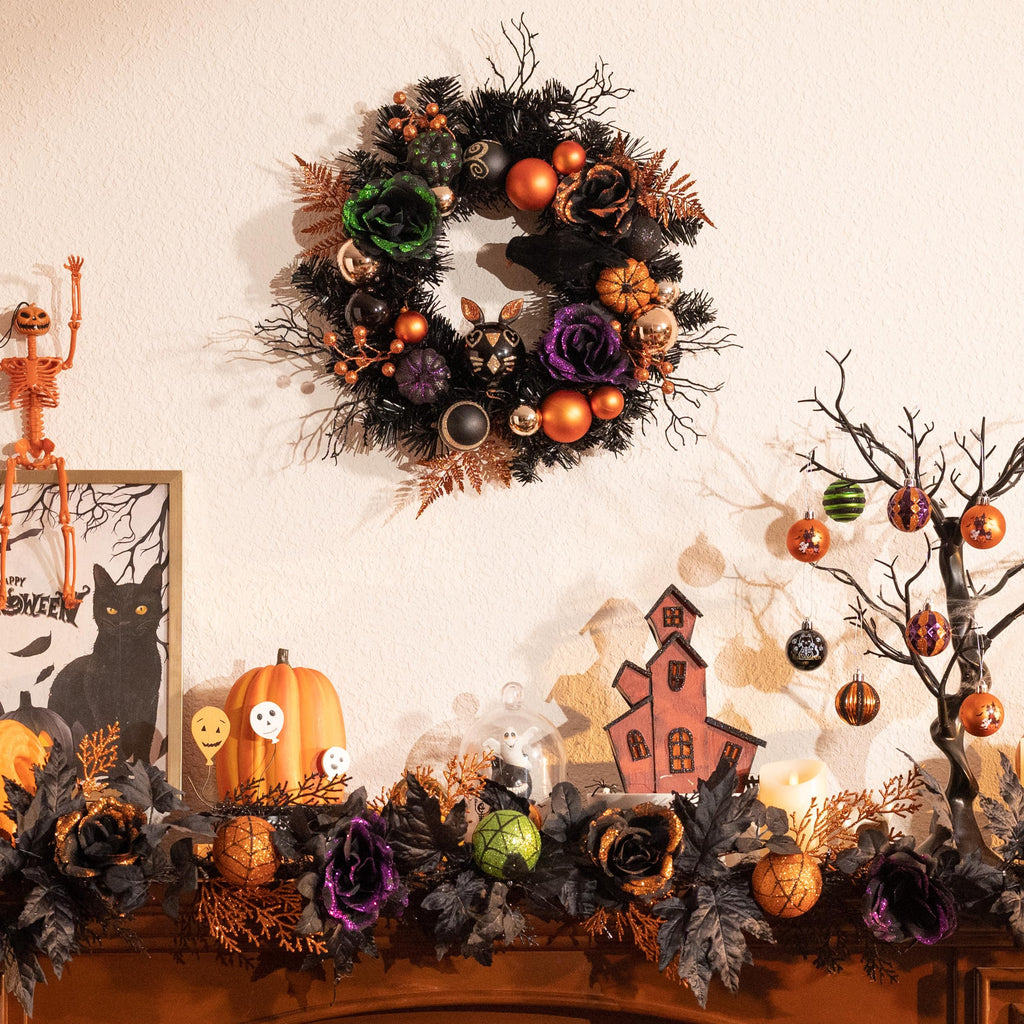 Valery Madelyn 24 Inch Halloween Wreath with Lights for Front Door, Collapsible Pre-Lit Wreath with Fake Crow Pumpkin Halloween Decorations for Home Wall Decor
